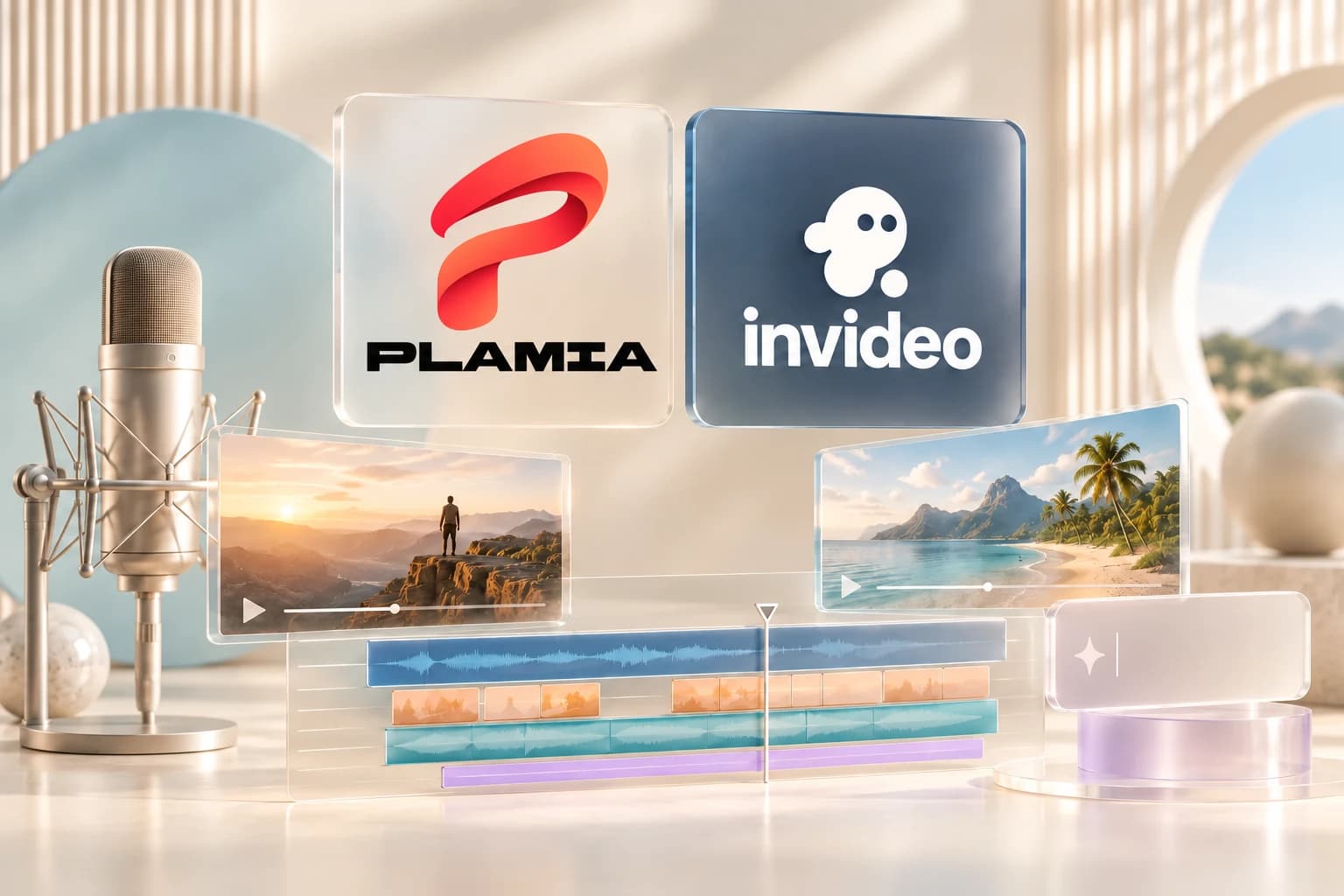 Plamia and InVideo logos on glass plaques with cinematic frames and layered editing tracks.