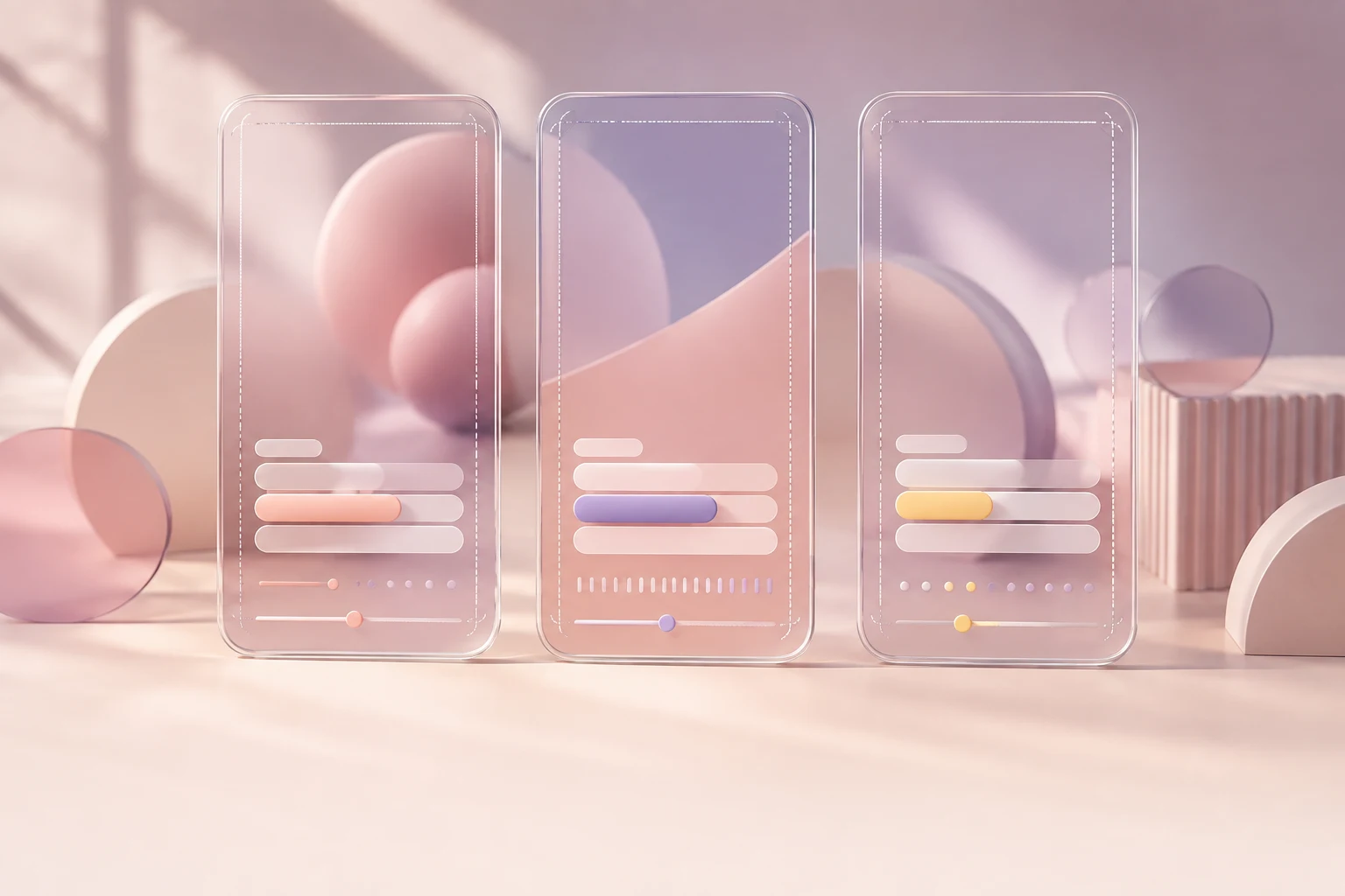 Three glass vertical video frames with coordinated caption bars and timing controls.