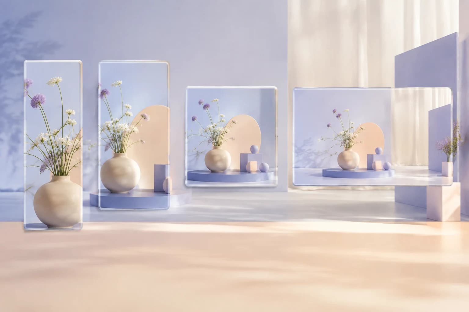 One still-life scene presented inside vertical, portrait, square, and landscape glass frames.