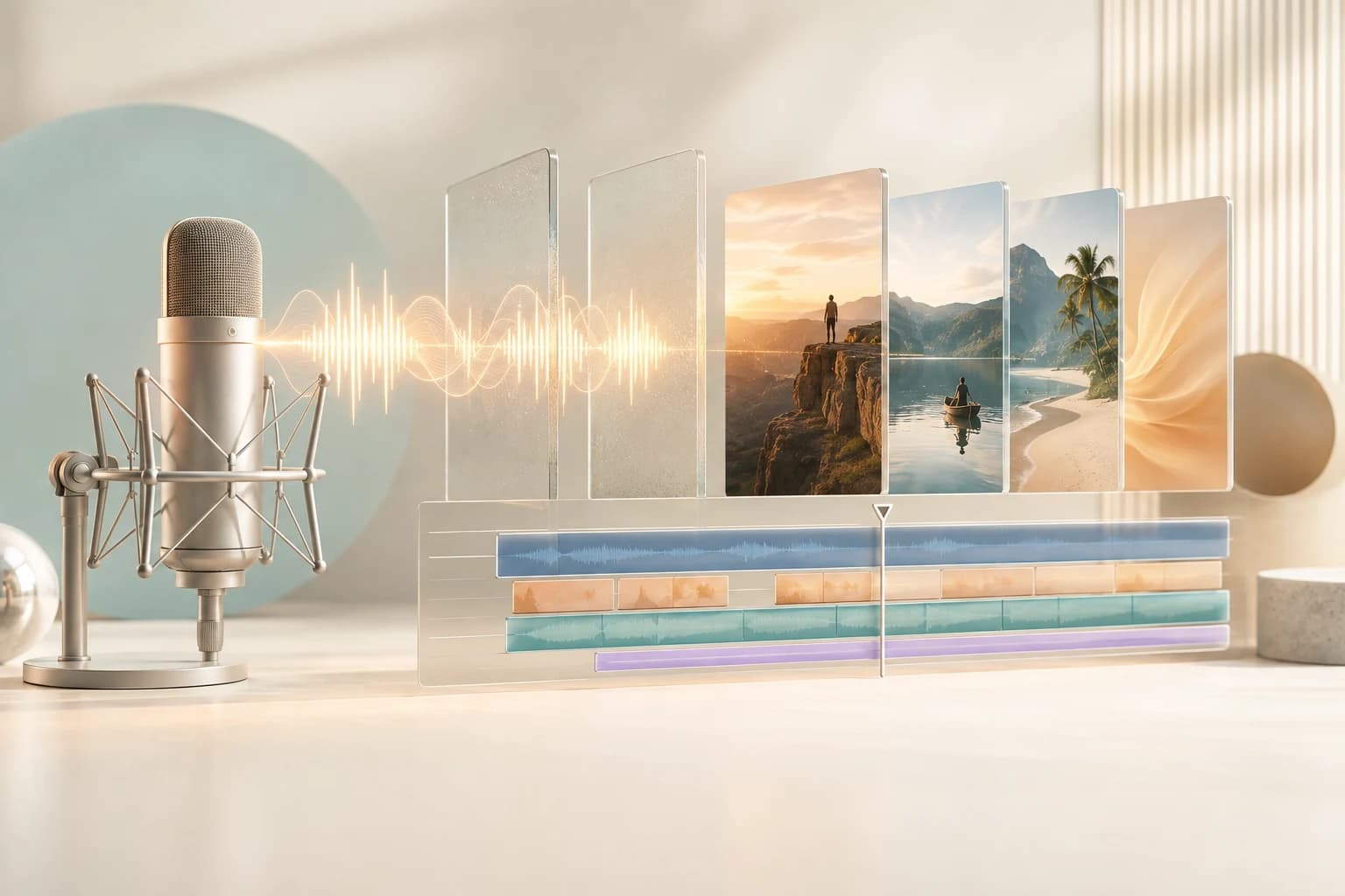A studio microphone and waveform flowing into visual scenes and an editable timeline.