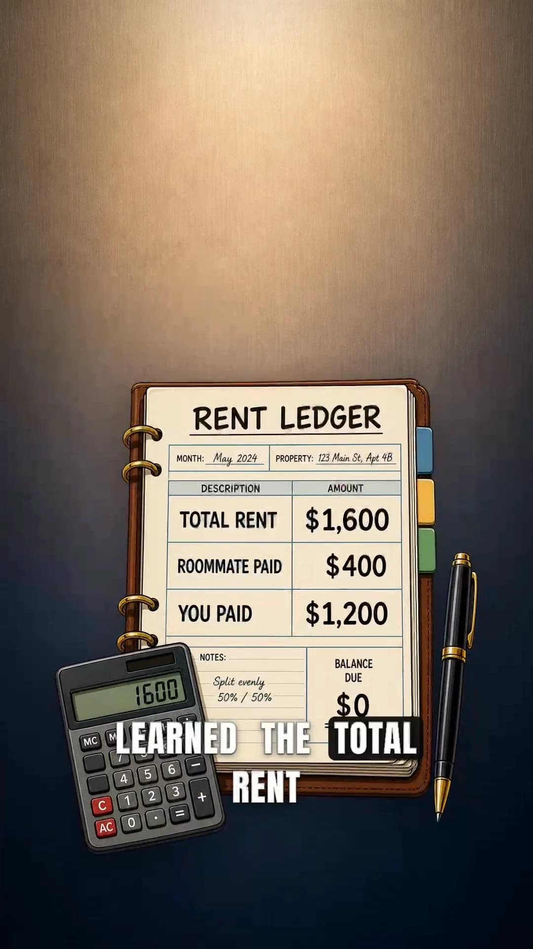 Generated cartoon rent ledger matching the amounts named in the script