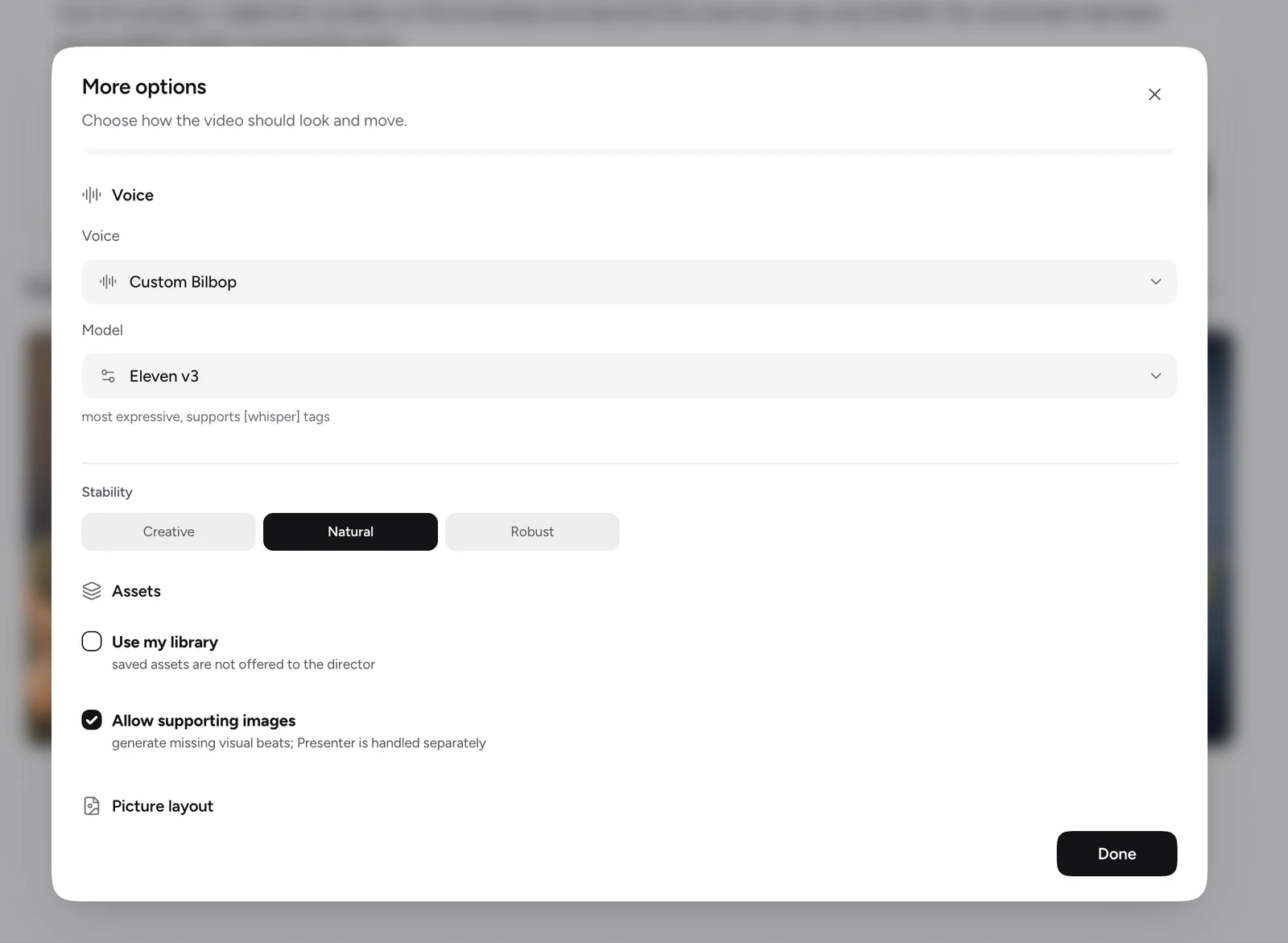 Plamia settings showing Custom Bilbop, Eleven v3, Natural stability, and supporting images enabled