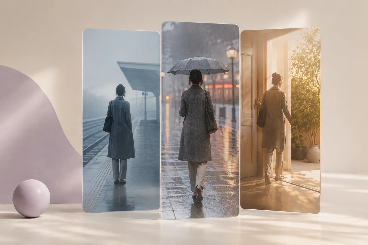 A recurring character moves from a cold train platform through rain toward a warm doorway