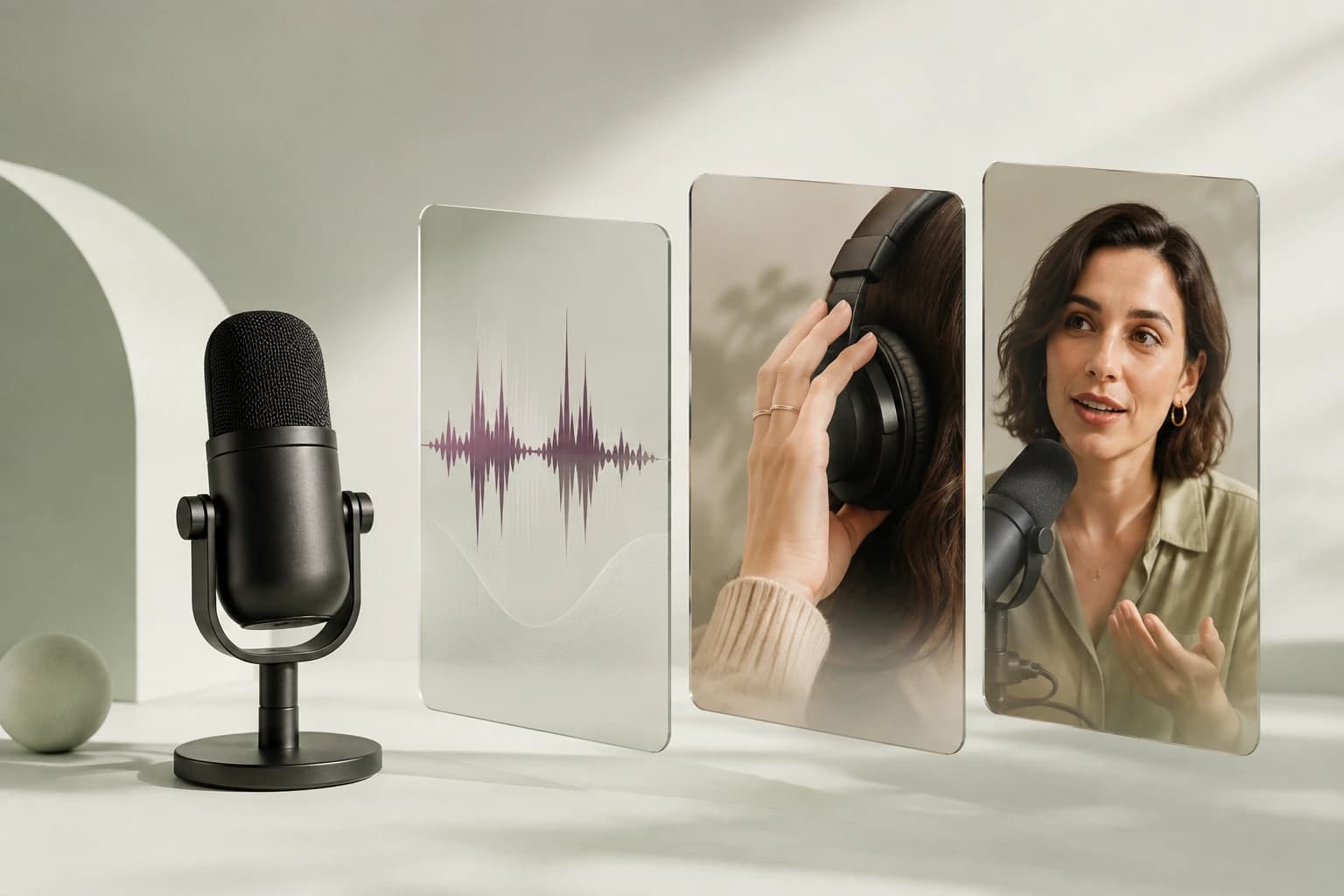 Studio microphone, audio waveform, headphones, and podcast host arranged as vertical video scenes