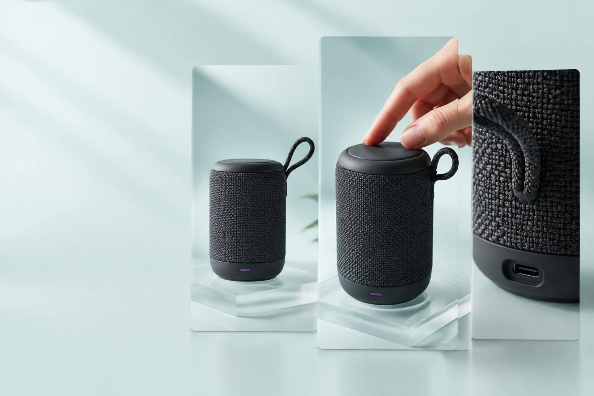 Concept visual of a portable speaker shown through several vertical product details