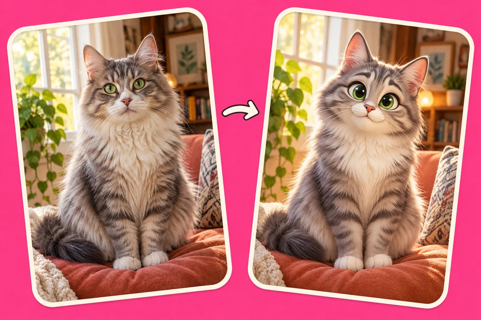 A cat photograph beside a cartoon interpretation on a vivid pink background