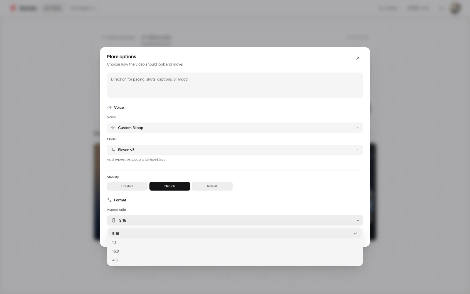The Plamia light-theme settings dialog with the aspect-ratio menu open for 9:16, 1:1, 16:9, and 4:5.