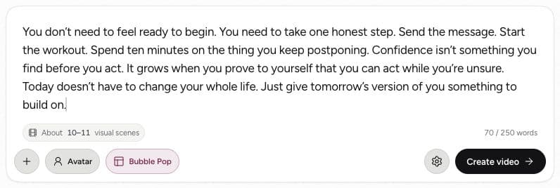 Current Plamia composer containing the 70-word motivational script, with template and Video settings controls