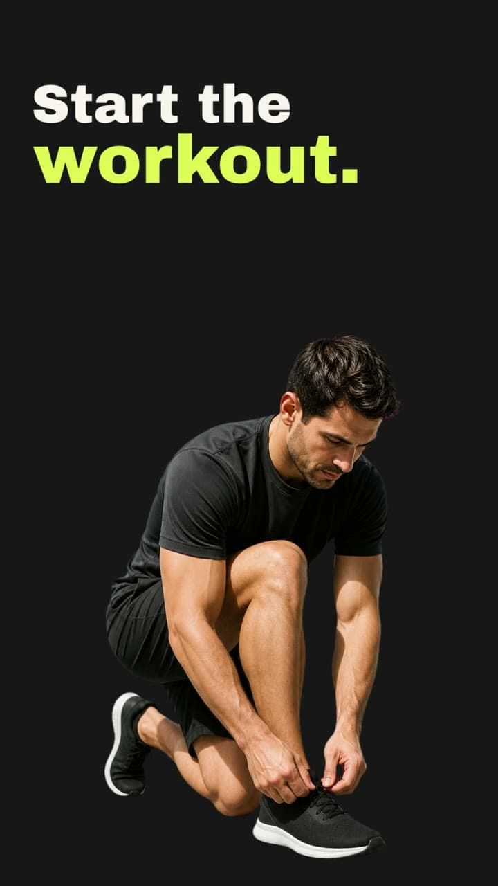 Motivational video frame with a runner tying his shoe and the words Start the workout