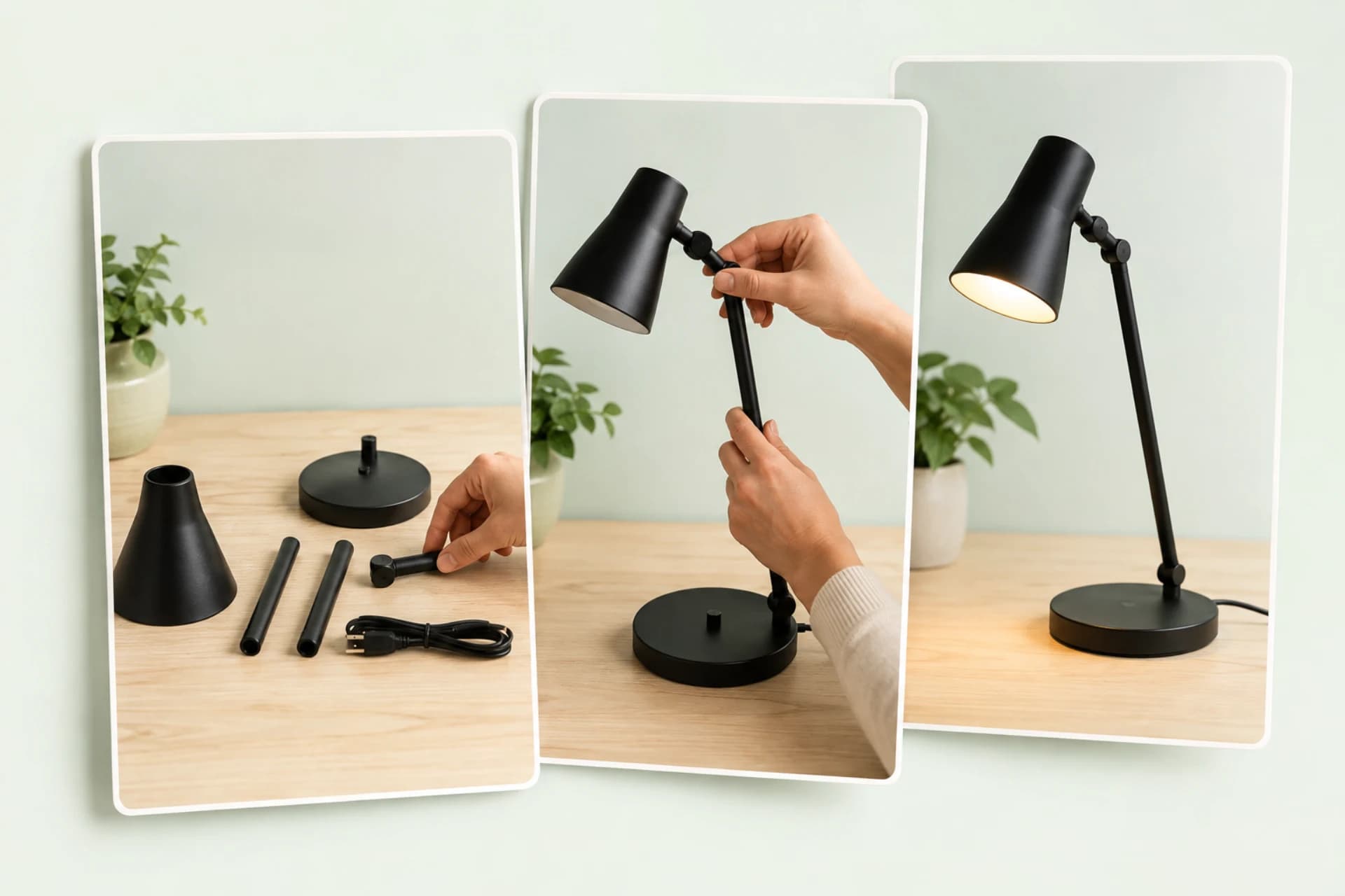 Concept visual of a desk lamp being assembled across three vertical scenes